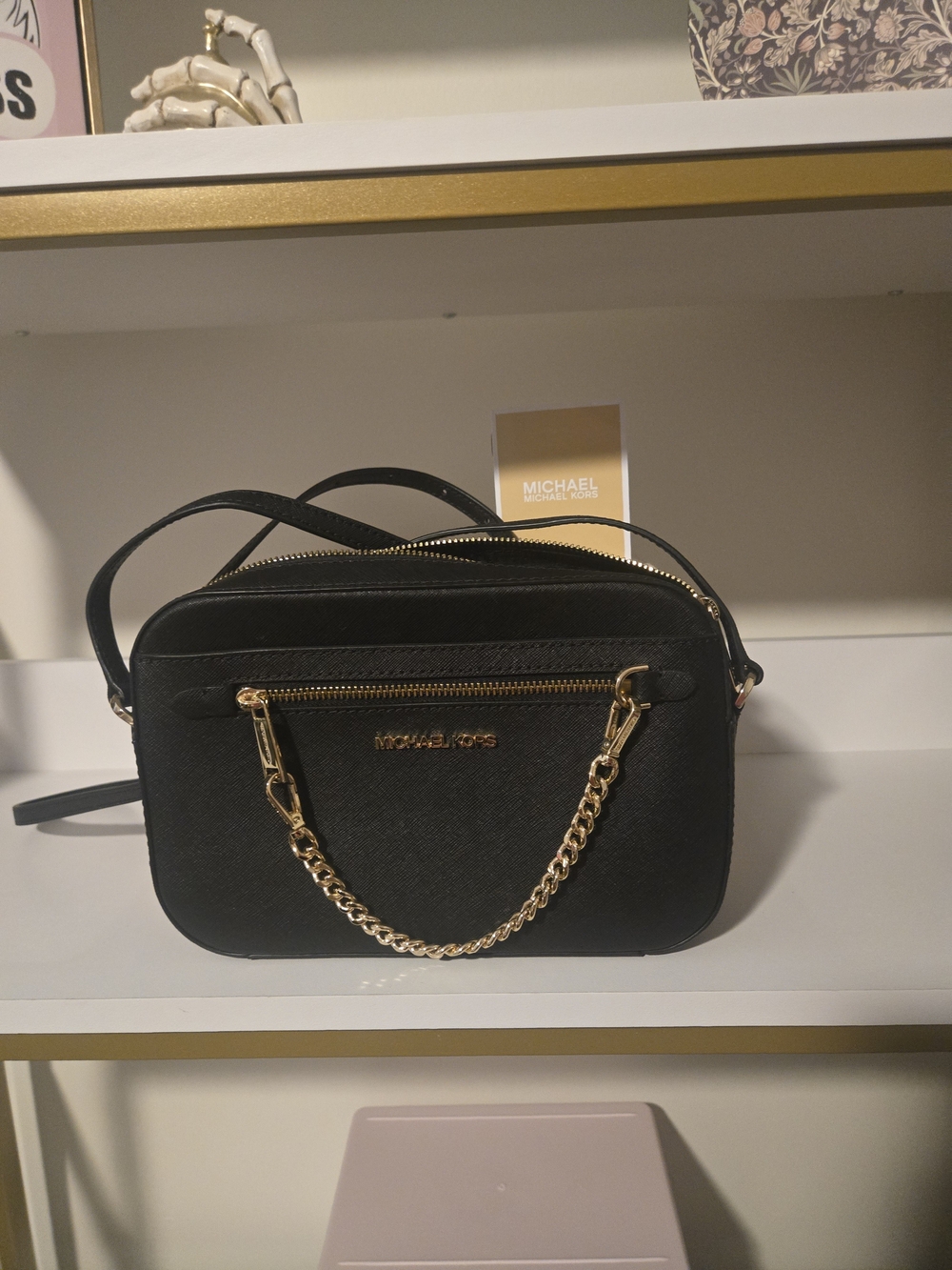 Michael Kors Black Saffiano Leather Crossbody Bag with Gold Chain